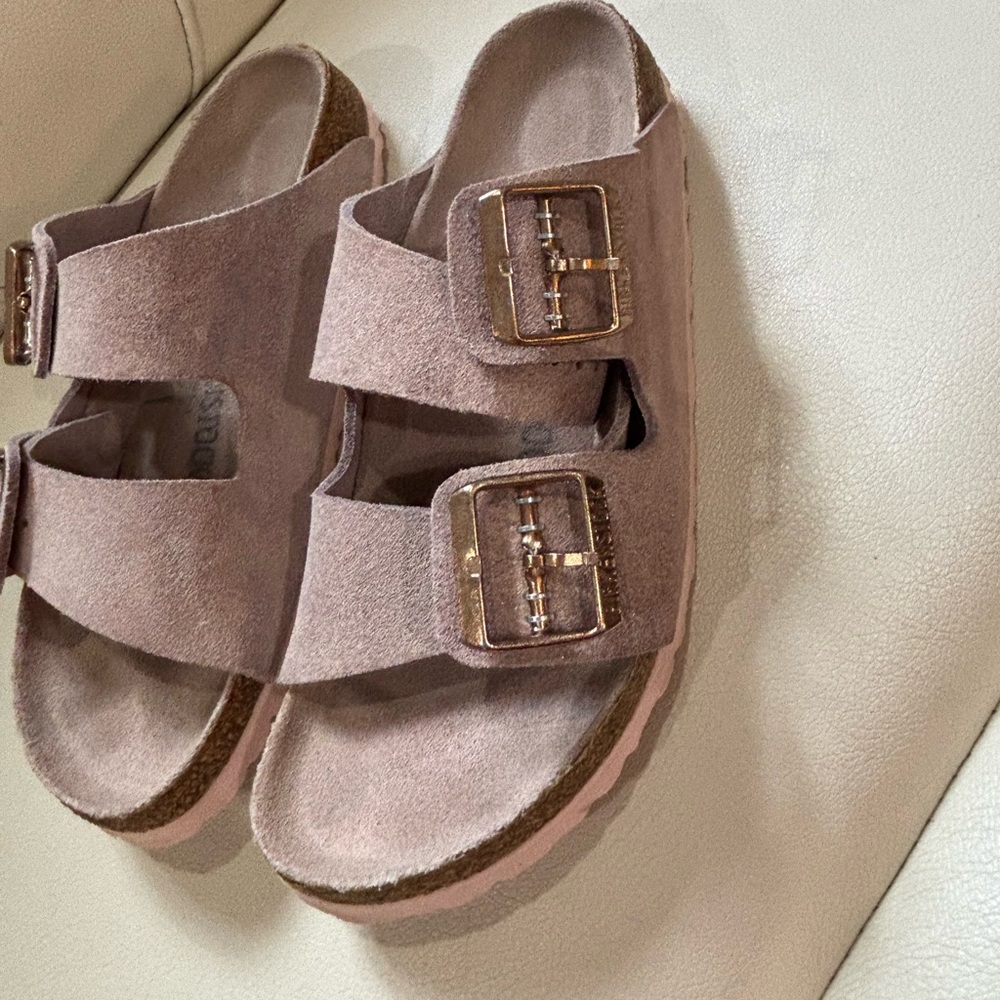 Pink Birkenstock Arizona Sandals Rose Gold Buckles Pink Soles & Footbed Size 39 - Picture 10 of 13